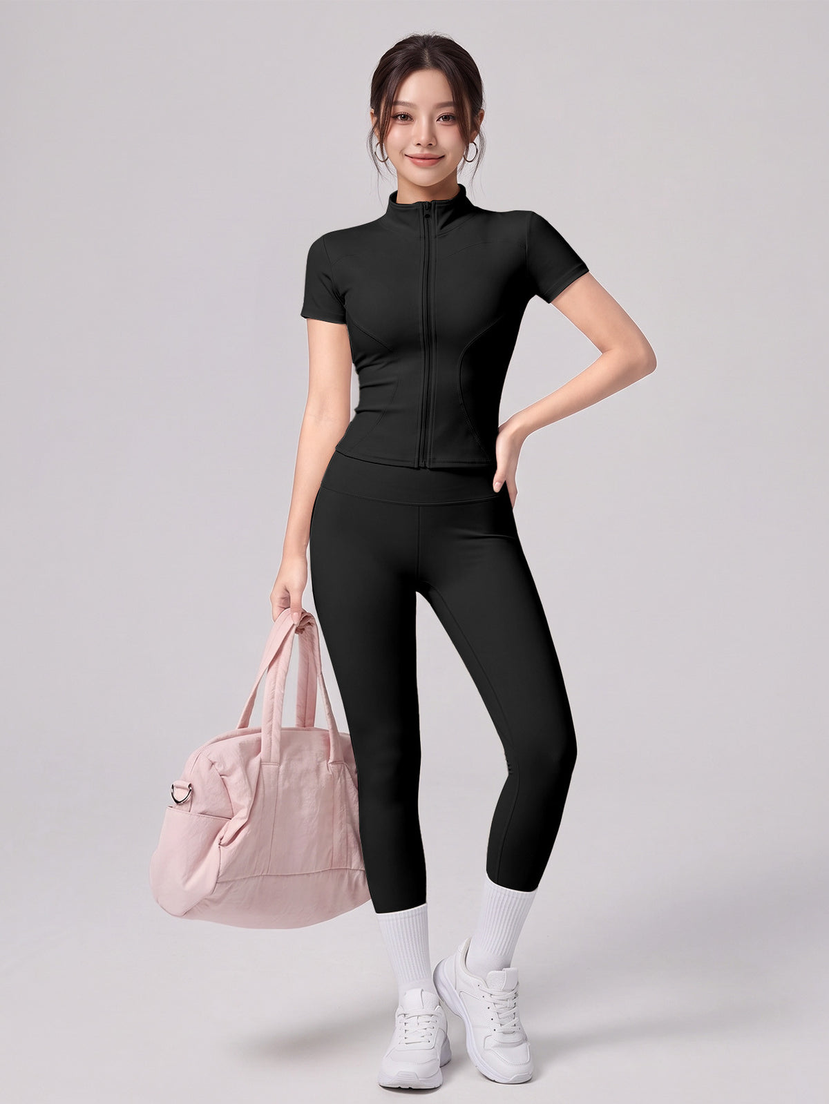 Short Sleeve Zip Top & Leggings Set - Black