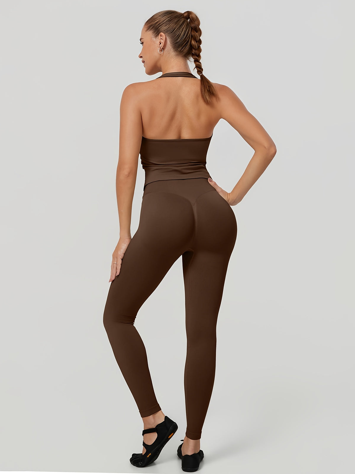 Square Neck Halter Tank & Leggings Set - Mocha Brown