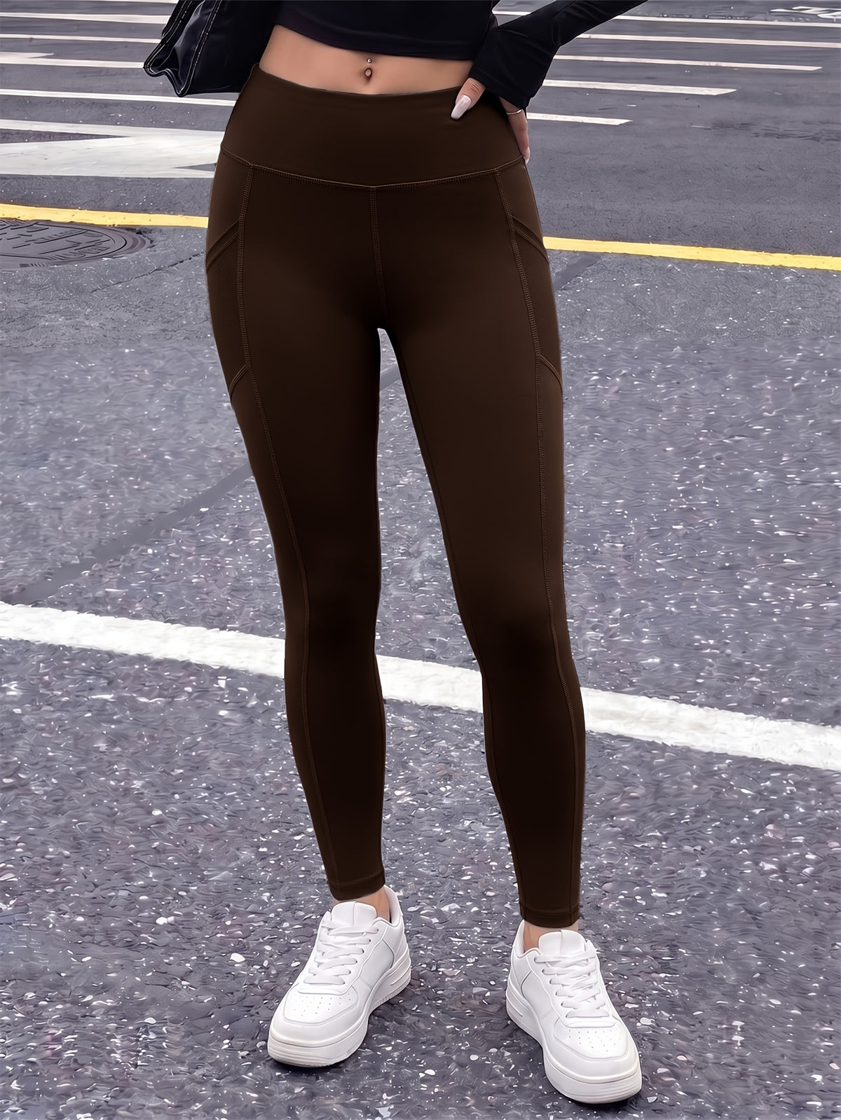 Side Pocket Shaping High Waist Leggings - Coffee