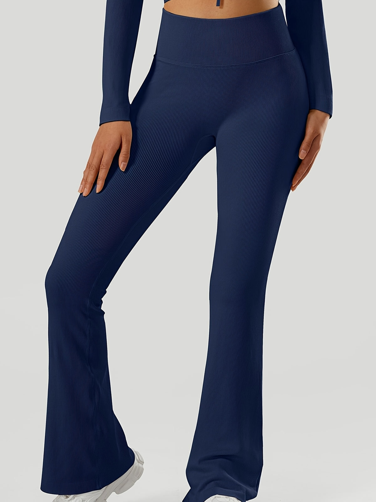 Ribbed High Waist Flare Yoga Pants - Navy