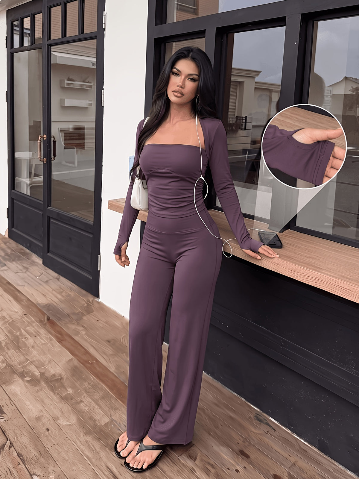 Square Neck Top & Flare Pants Set - Deep Purple