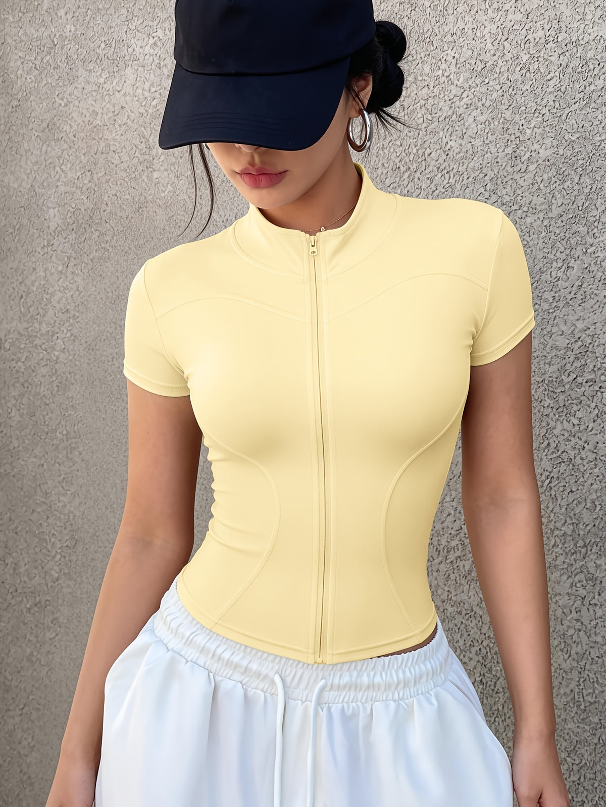 Short Sleeve Zip Cropped Yoga Jacket - Yellow