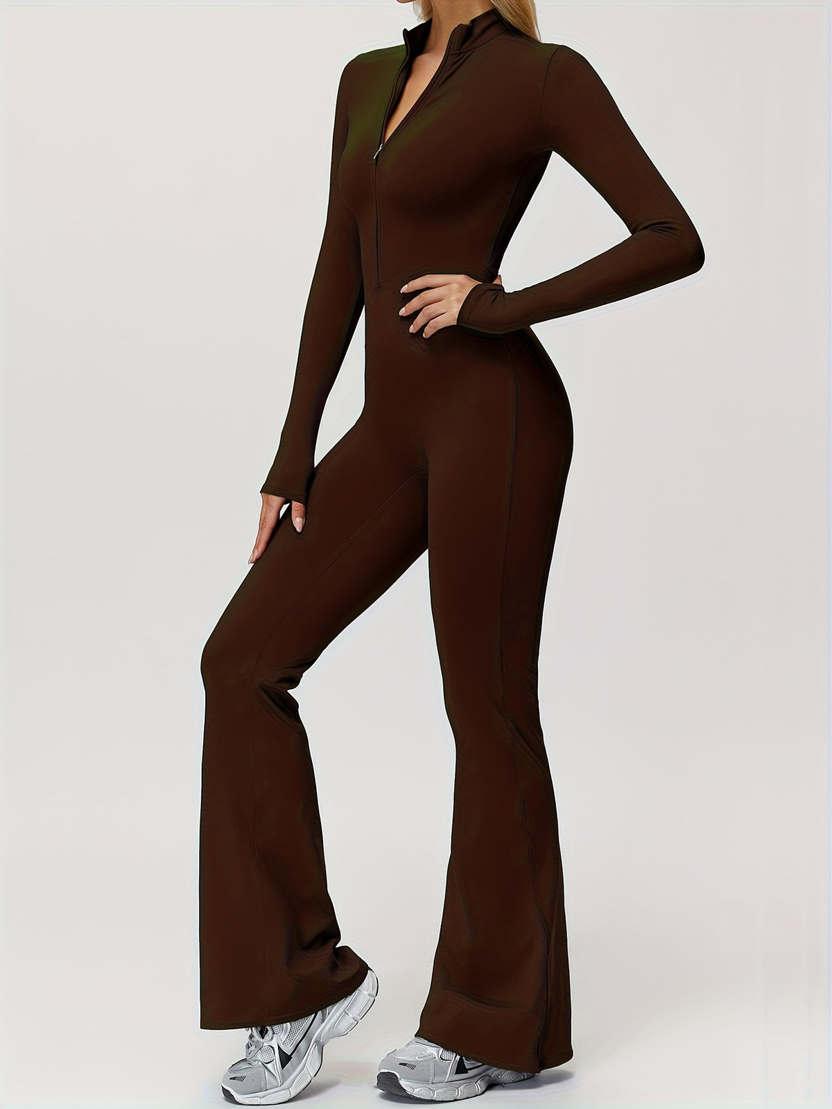Long Sleeve Zip Flared Jumpsuit - Coffee