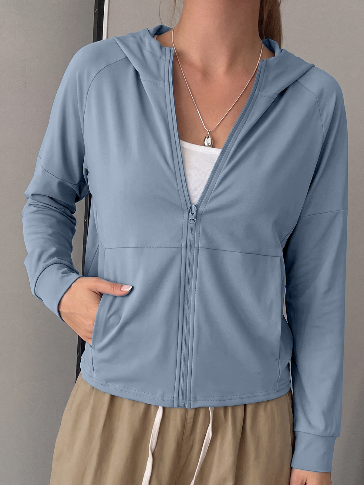 Longline Hooded Thumb Loop Jacket - Lake Blue