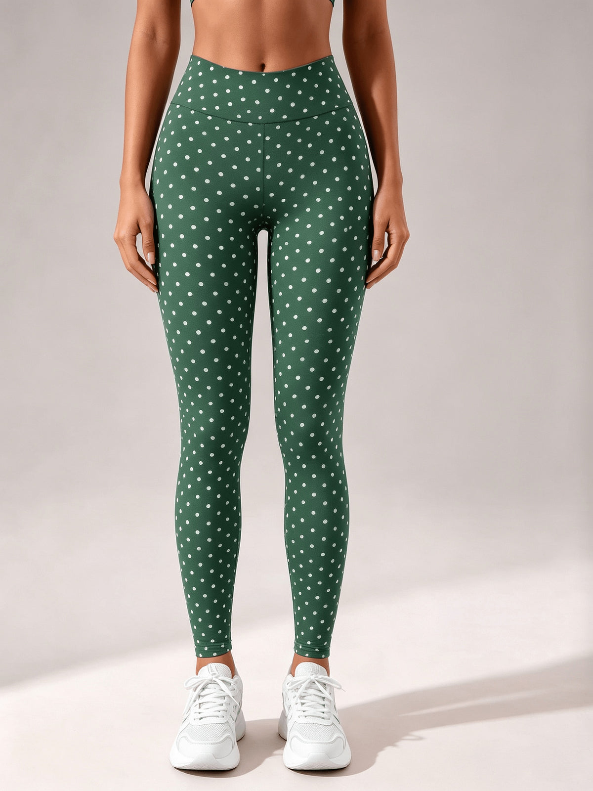 Polka Dot V Back Waist Leggings - White Spot On Green