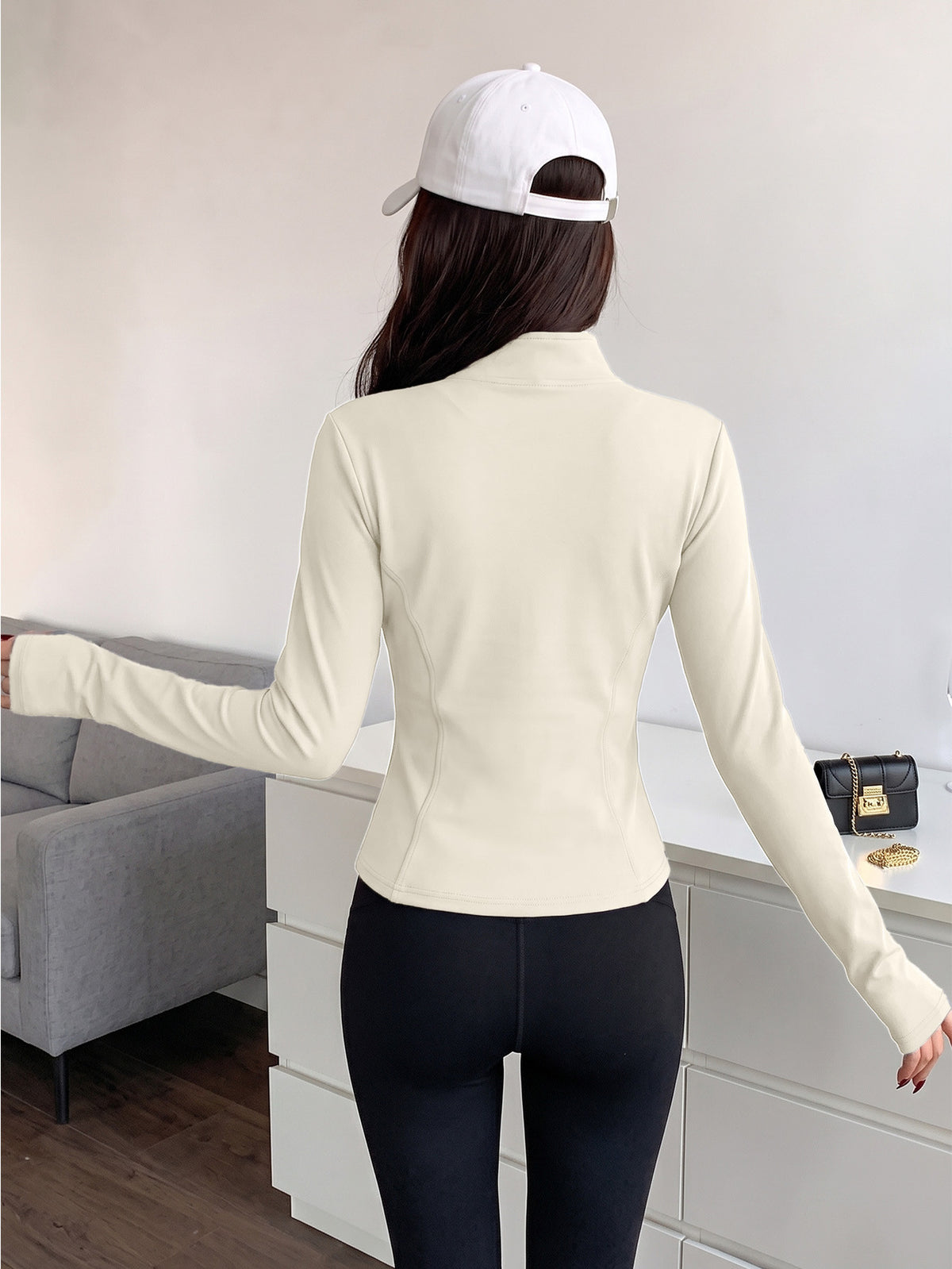 Warm Lined Stand Collar Zip Jacket - Ivory White
