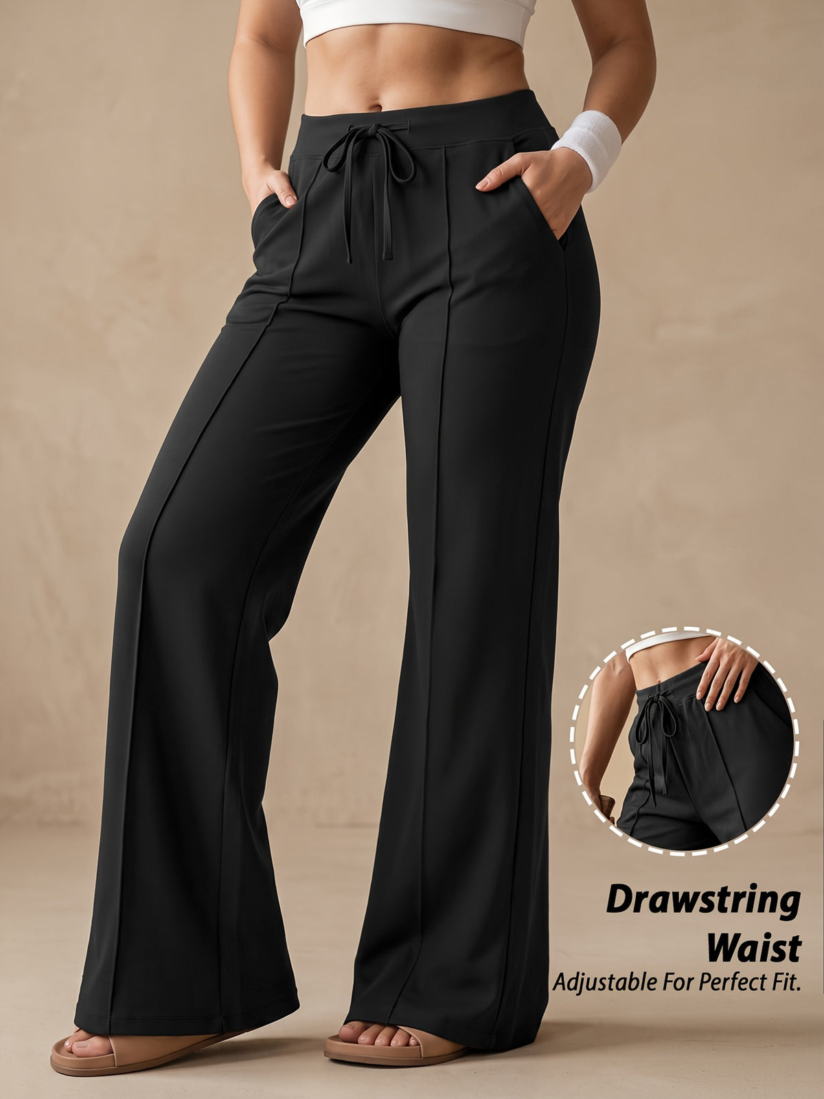 Drawstring Wide Leg Pocket Yoga Pants - Black