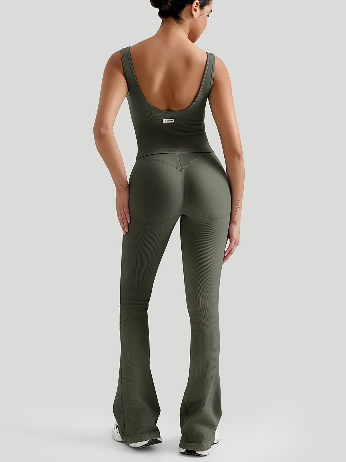 Ribbed V-Neck Tank & V-Waist Flare Set - Fern Green