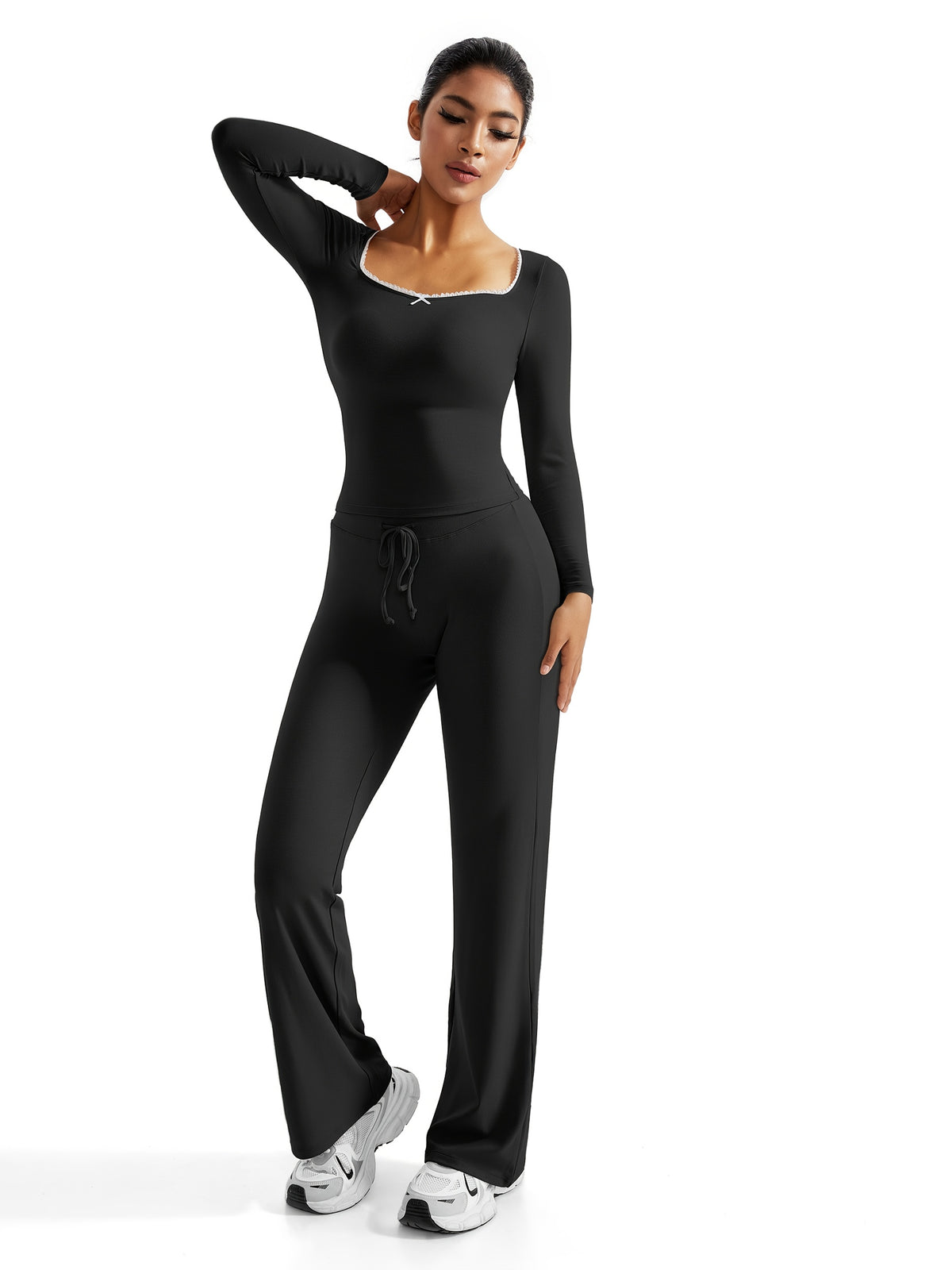 Long Sleeve High Waist Straight Pants Set - Black