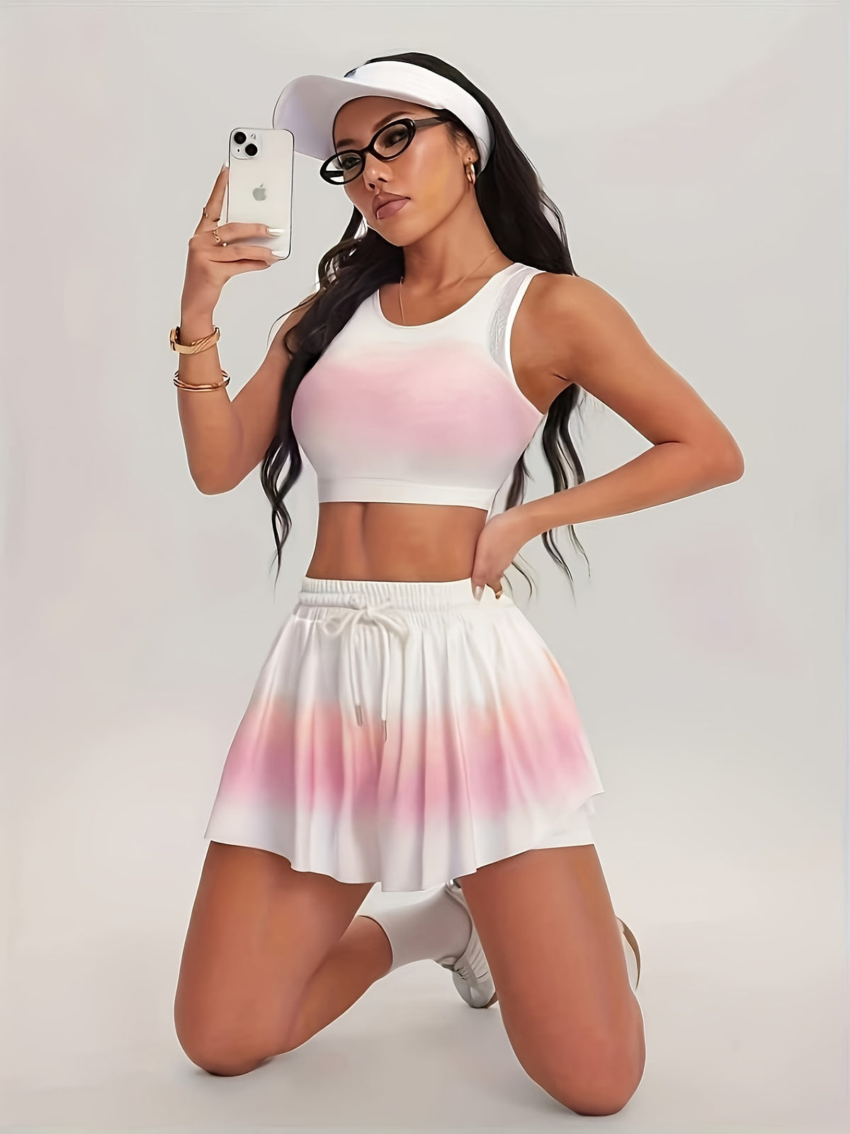 Mesh Panel Crop Bra Flowy Set - Pink And White Gradient