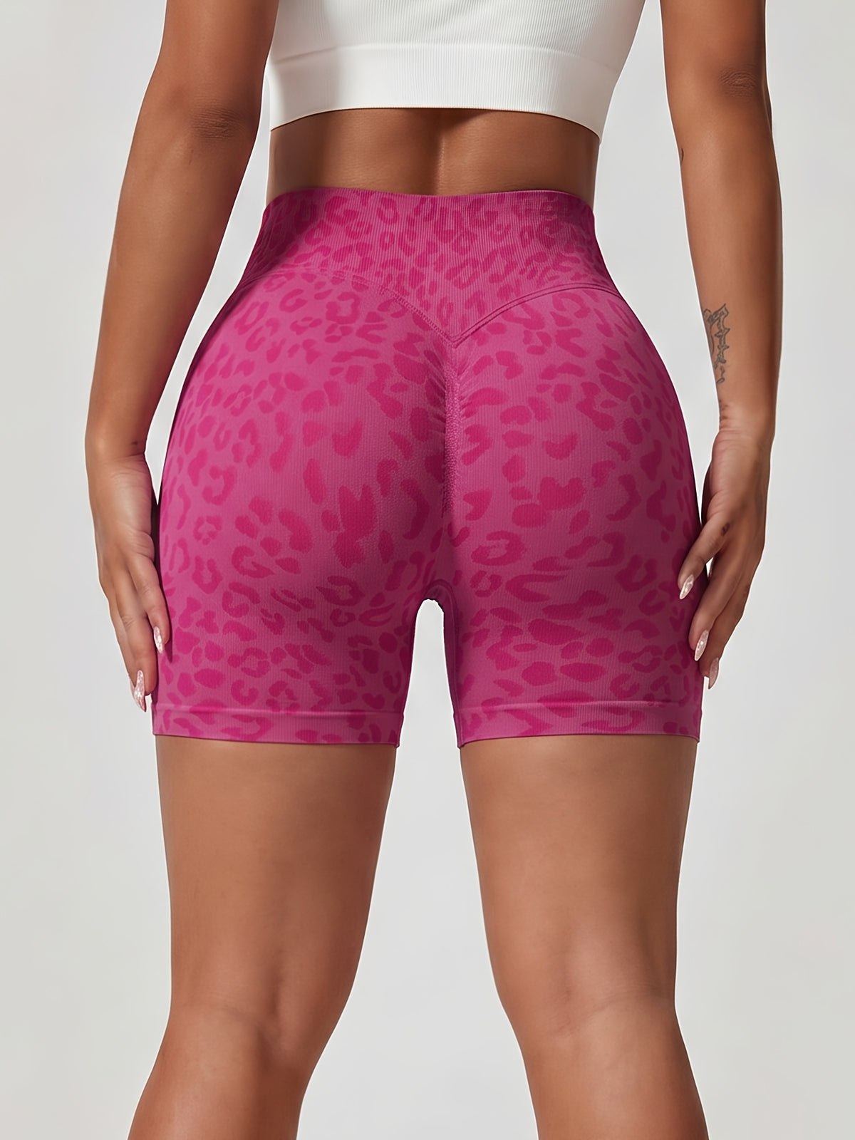 Leopard Seamless Ribbed Biker Shorts - Raspberry