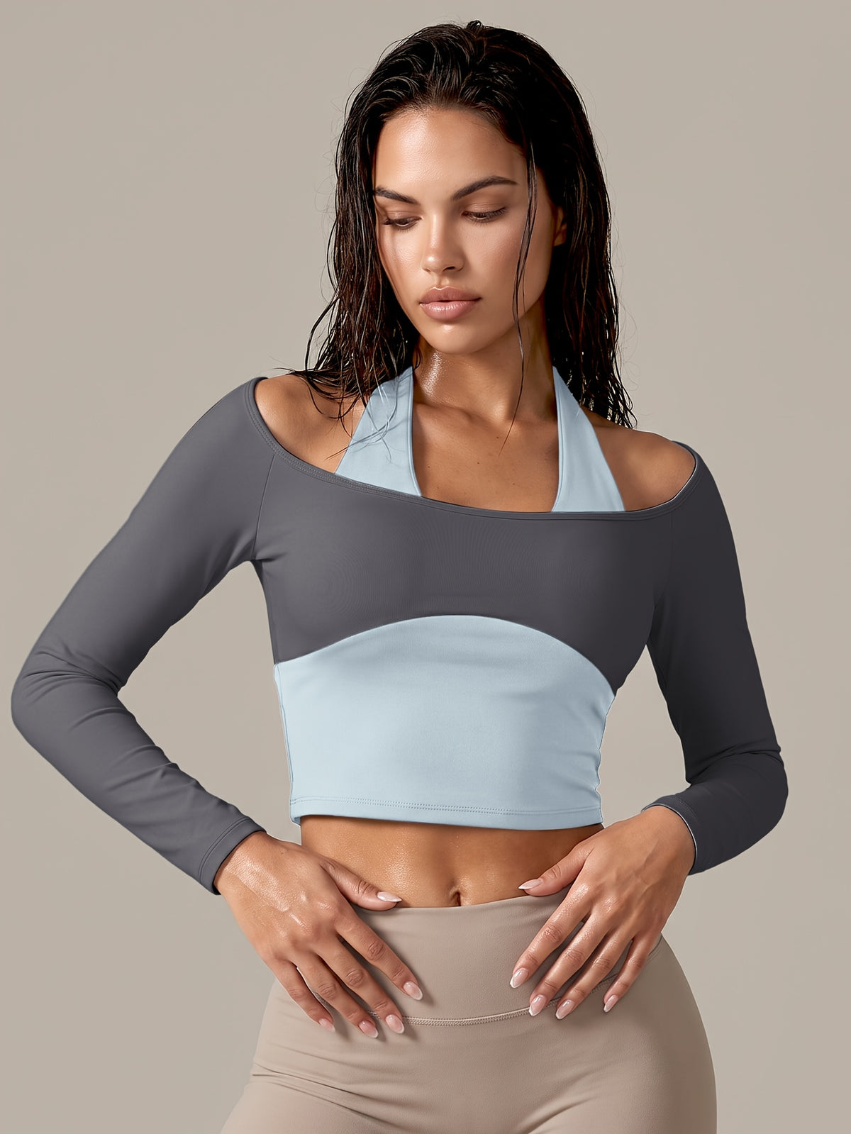 Faux Two-Piece Halter Color Block Top - Grey