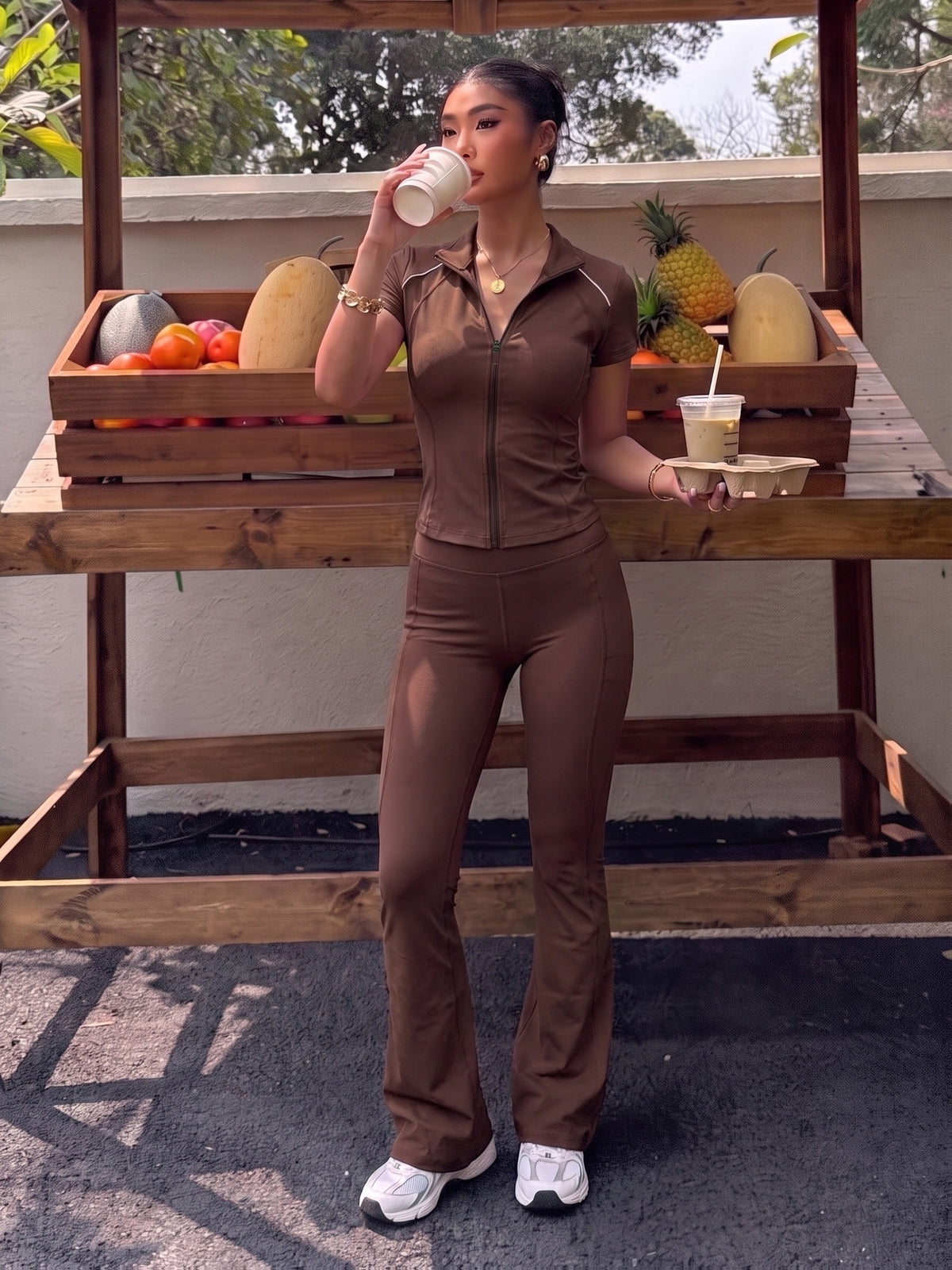 Zipper Jacket & Wide Leg Trousers Set - Coffee