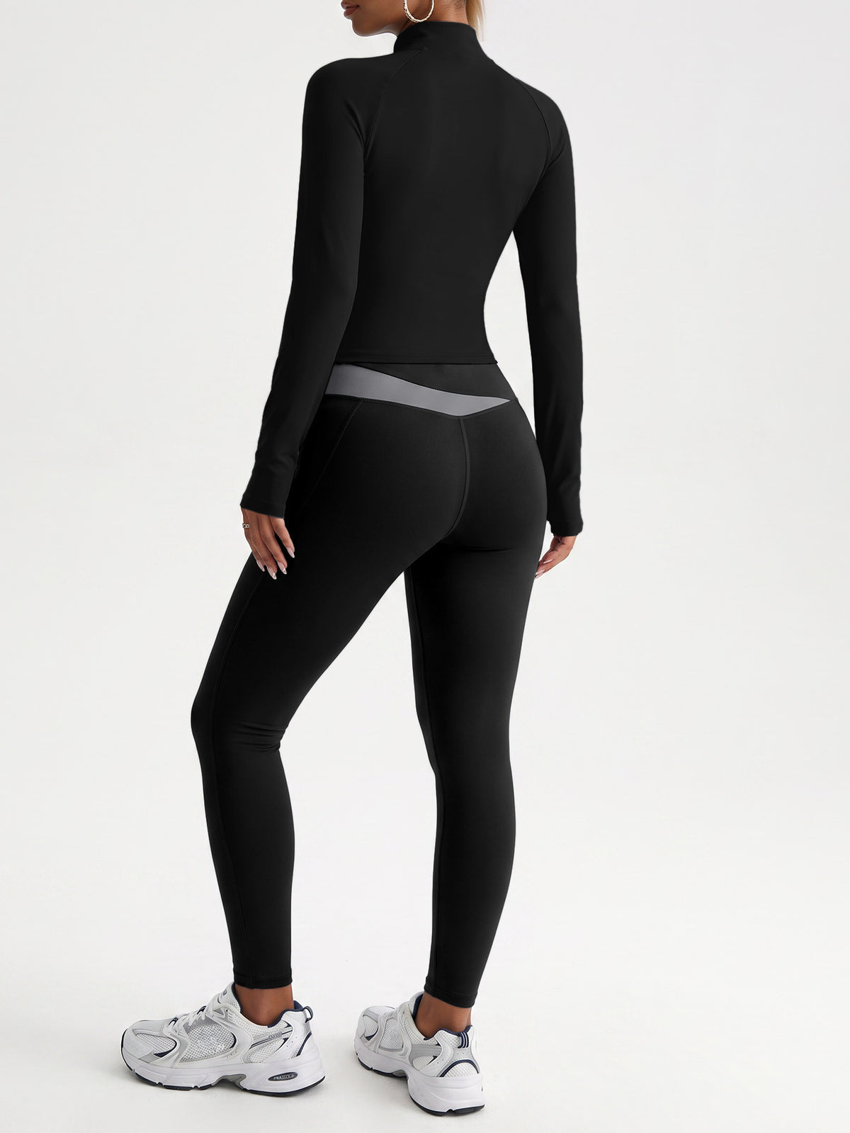 Contrast Zip Jacket & Lifting Leggings Set - Black