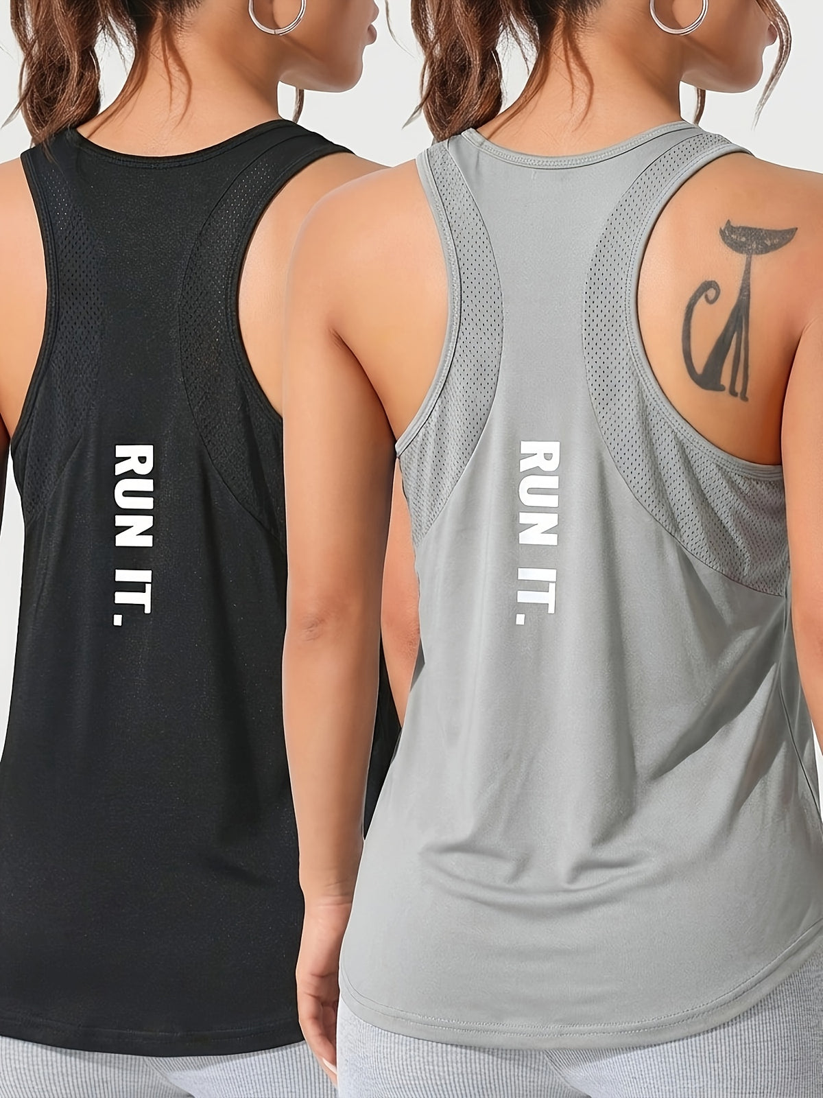 Mesh Panel Letter Print Tee & Vest Set - Black & Light Gray