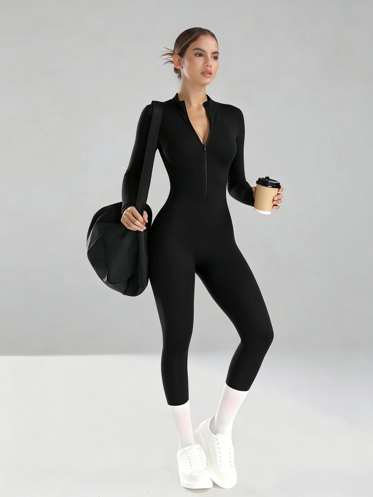 Half Zip Stand Collar Unitard - Black