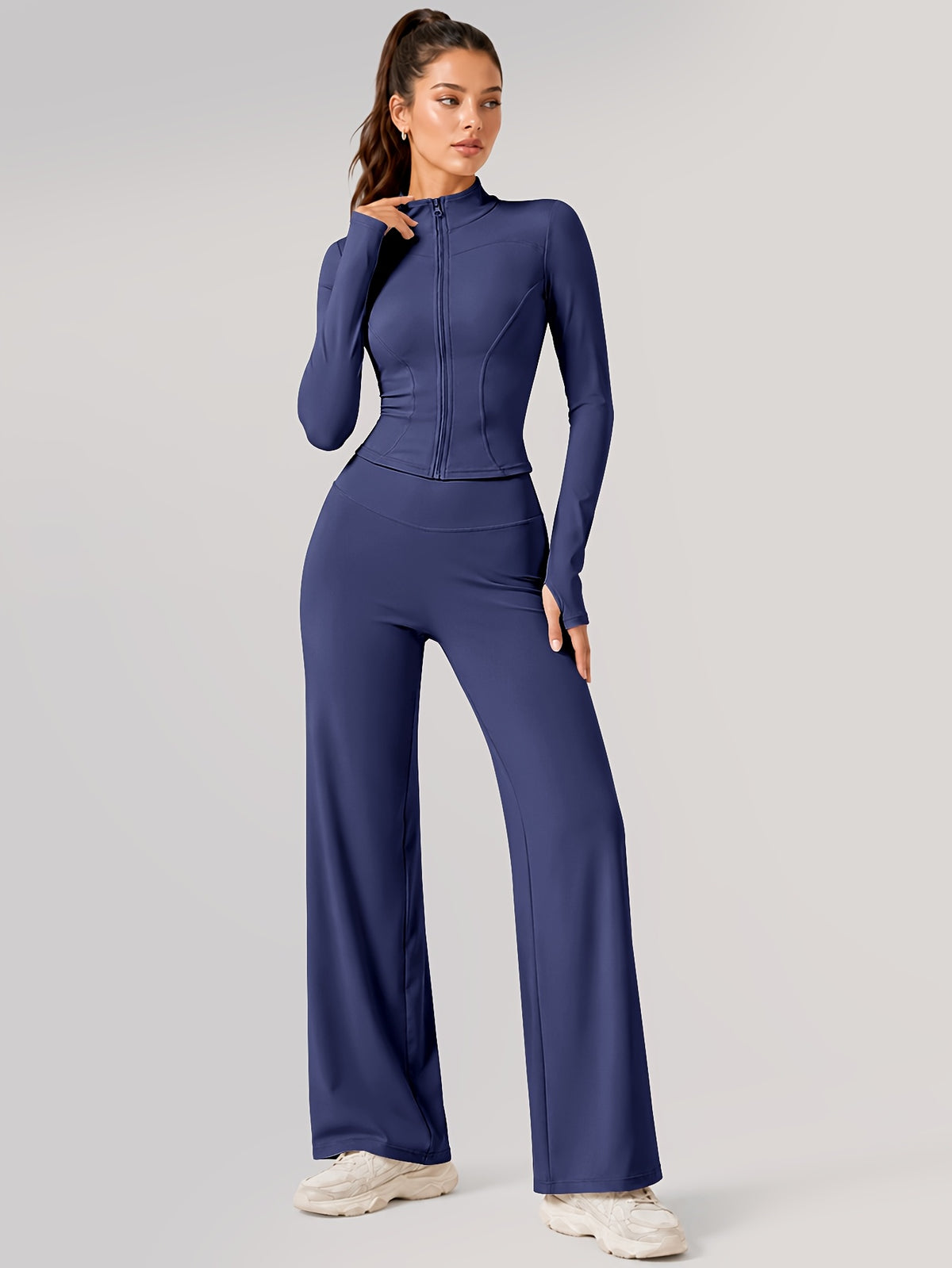 Zip Jacket & Wide Leg Pants Set - Navy